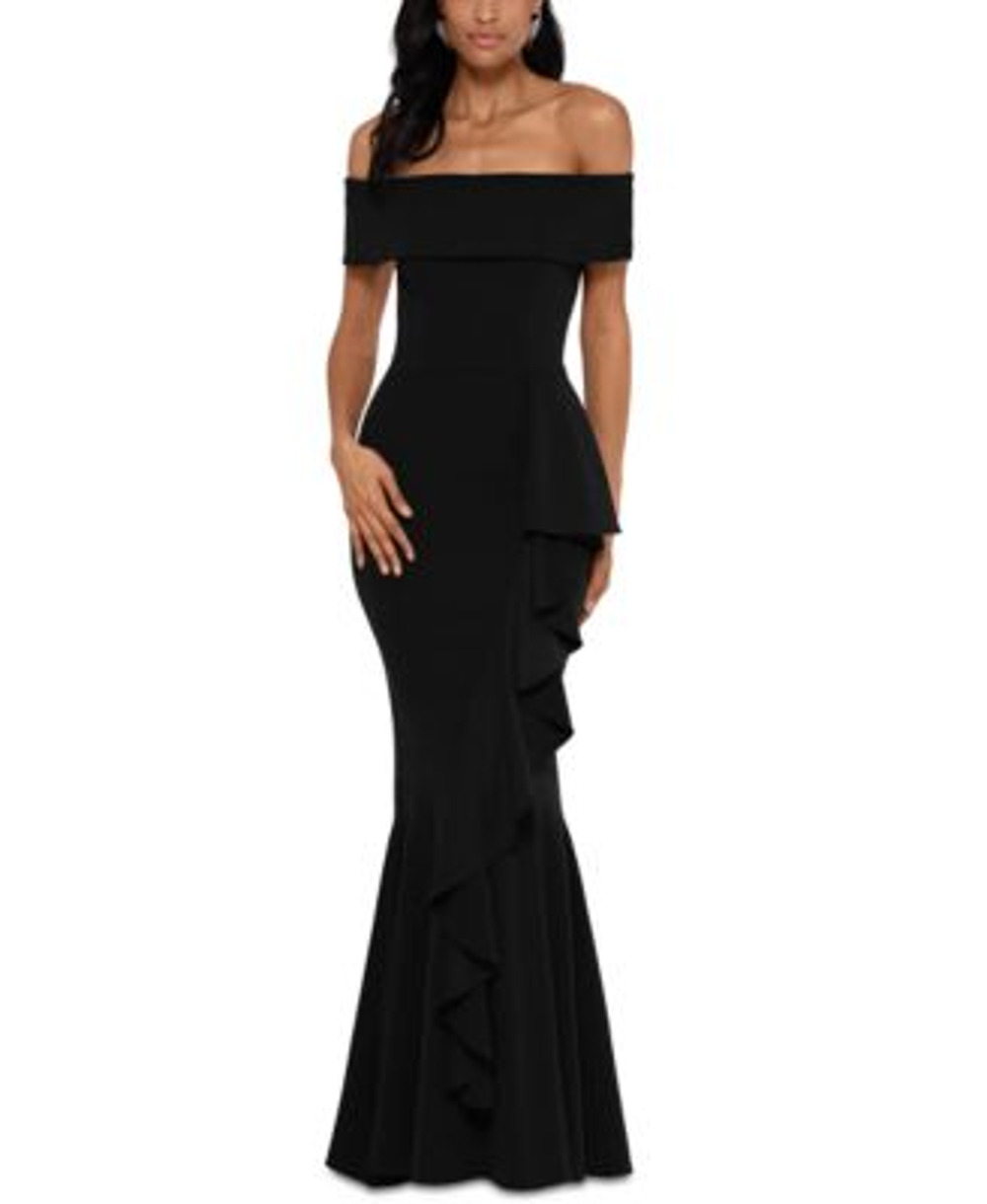 Betsy & Adam Off-The-Shoulder Mermaid Gown Black P6